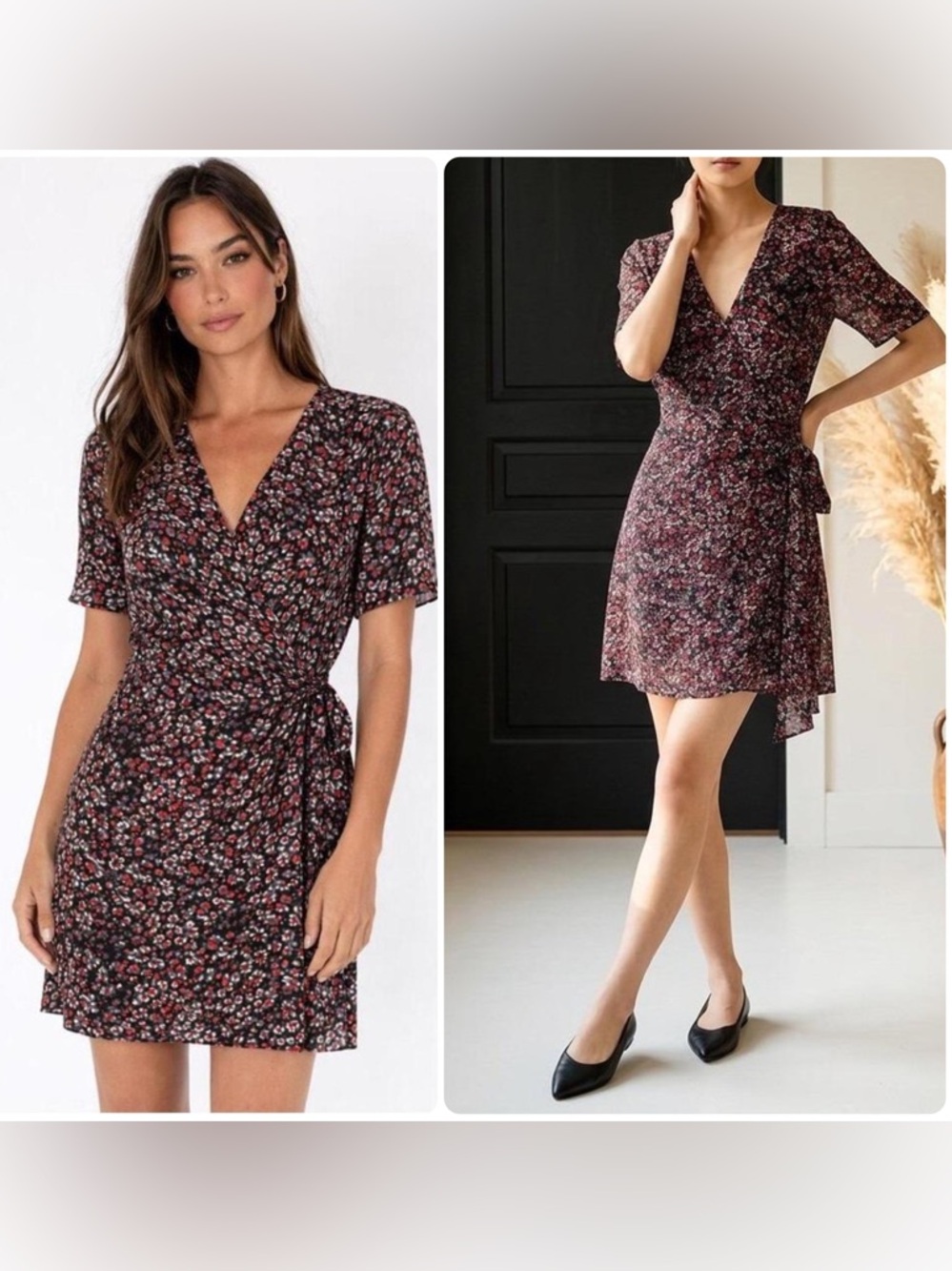 The Kooples Flower Dot Viscose Black Mini Wrap Dress w Red Floral Print NWT $295
